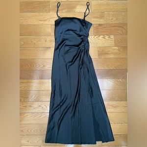 NWT Revolve House of Harlow 1960 black satin ruched slit maxi dress size xs
